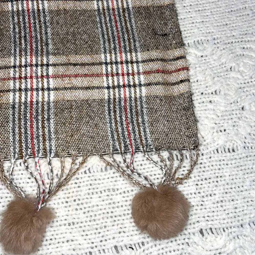 Cashmere Scarf  Fur Pom Poms Brown Plaid Women's - S Brand